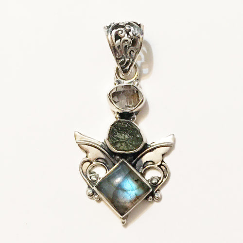 Labradorite, Czechia Moldavite  and Herkimer Diamond Pendant with Wings