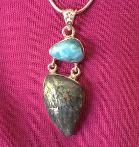 Larimar and Blue Kyanite with Pyrite Pendant