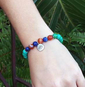 May Birthstone Bracelet Chrysocolla with Carnelian, Lapis and sterling silver spacers and lotus charm