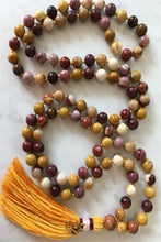 Load image into Gallery viewer, Mookaite Jasper Mala Prayer Bead Necklace with Tassel and Brass Om Charm