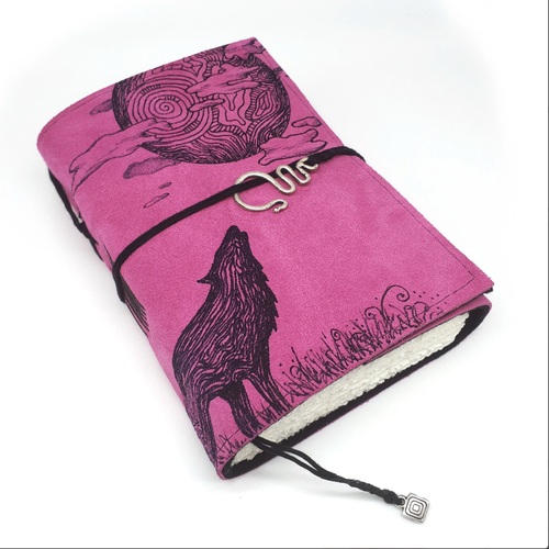 Celtic Journal of Wolf and the Moon in Passion Pink Handmade Suede Leather Journal