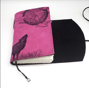 Celtic Journal of Wolf and the Moon in Passion Pink Handmade Suede Leather Journal