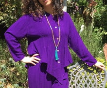 Load image into Gallery viewer, Tienda Ho Moroccan Royal Purple Cotton Rayon Tapered Najma Tunic Top that is reminiscent of Sherwood Forest