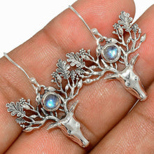 Load image into Gallery viewer, Rainbow Moonstone Reindeer Earrings in Sterling Silver