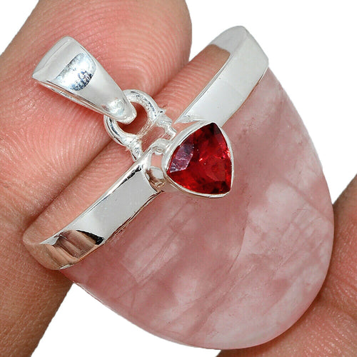 Rose Quartz Pendant with a triangular Garnet accent on sterling silver