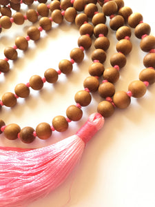 Sandalwood 8mm Knotted Mala with Pink Silk Tassel