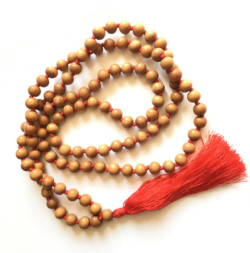 Sandalwood Mala 8mm Bead Knotted with Red Silk Tassel