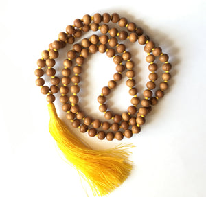 Sandalwood Mala 8mm bead knotted with yellow silk tassel
