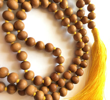 Load image into Gallery viewer, Sandalwood Mala 8mm bead knotted with yellow silk tassel