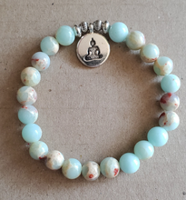 Load image into Gallery viewer, Aqua Sea Sediment December Birthstone Bracelet with Seated Buddha Charm