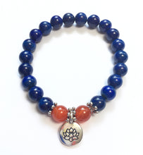 Load image into Gallery viewer, September Birthstone Lapis Bead Bracelet with Carnelian and Lotus Charm