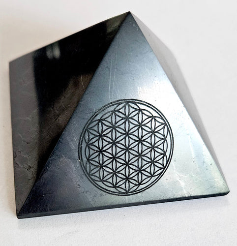 Shungite Pyramid with engraved Flower of Life 2.75 inch base