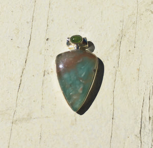 Aqua Chalcedony Pendant Shield with Peridot on Tube Bail