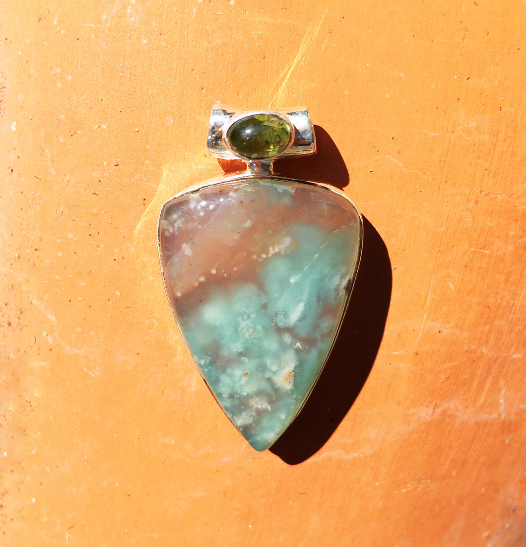 Aqua Chalcedony Pendant Shield with Peridot on Tube Bail