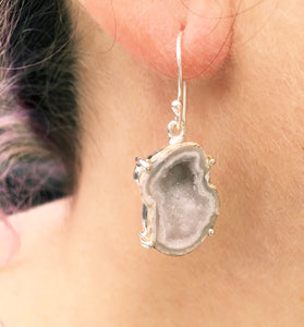 Glittery Druzy Quartz Geode Earrings set in Silver