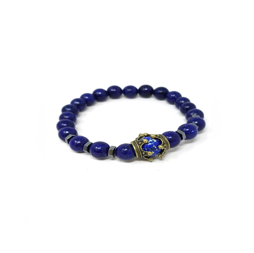 Lapis Lazuli Bead Stretch Bracelet with Antique Silver-Plated Zinc Spacer and Crown Beads Framinga 10mm Focal Bead