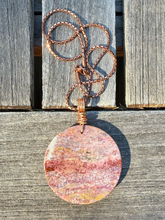 Load image into Gallery viewer, Red Ocean Jasper Pendant Round Tapered with Copper Wire Wrap Bail with Copper Snake Chain