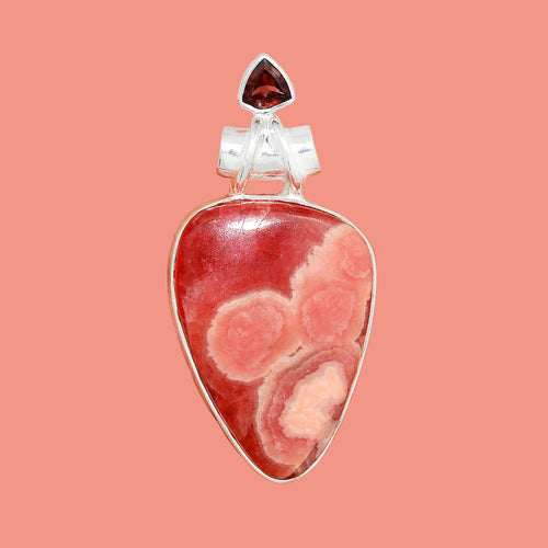 Rhodochrosite Pendant with Garnet in Sterling Silver with a Tube Bail