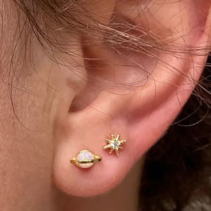 White Fire Opal Earrings 18k Gold Plated Planet Saturn Stud Earrings