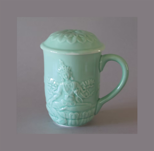 Celadon Green Porcelain Reclining Tara Mug with Lotus Lid