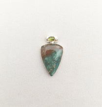 Load image into Gallery viewer, Aqua Chalcedony Pendant Shield with Peridot on Tube Bail