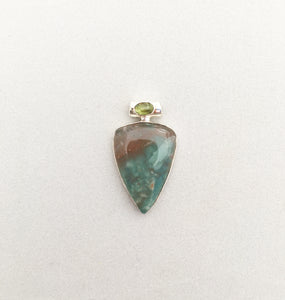 Aqua Chalcedony Pendant Shield with Peridot on Tube Bail