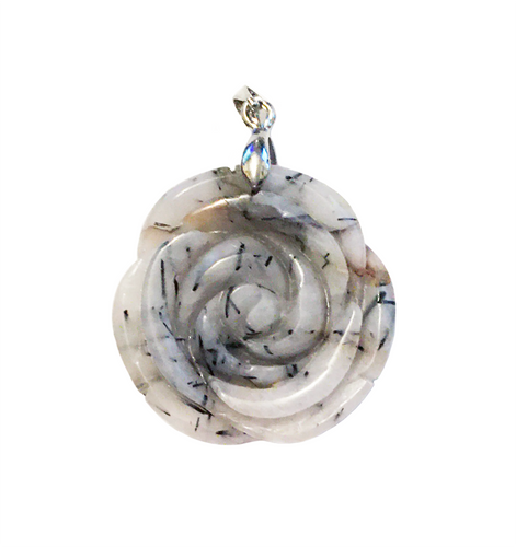 Black Tourmilated Quartz Pendant Carved Rose