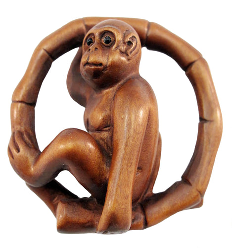 Chimpanzee in Bamboo Circle Boxwood Netsuke Bead