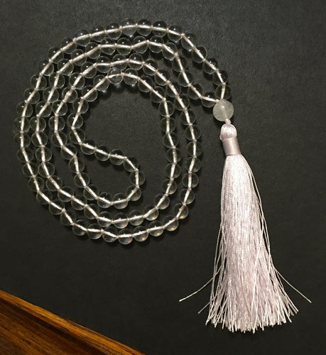Brazilian Clear Quartz Mala 8mm Prayer Beads Knotted with Long Tassel