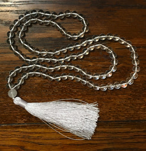 Brazilian Clear Quartz Mala 8mm Prayer Beads Knotted with Long Tassel