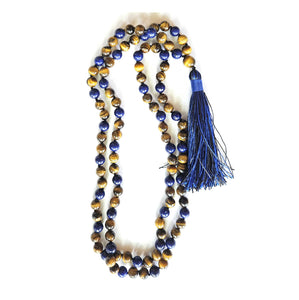 Tigers Eye and Lapis Mala Knotted 8.5mm Prayer Beads