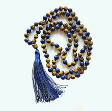 Load image into Gallery viewer, Tigers Eye and Lapis Mala Knotted 8.5mm Prayer Beads