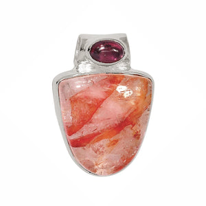 Orange Elestial Quartz aka Fire Quartz Pendant with Garnet in Sterling Silver Frame