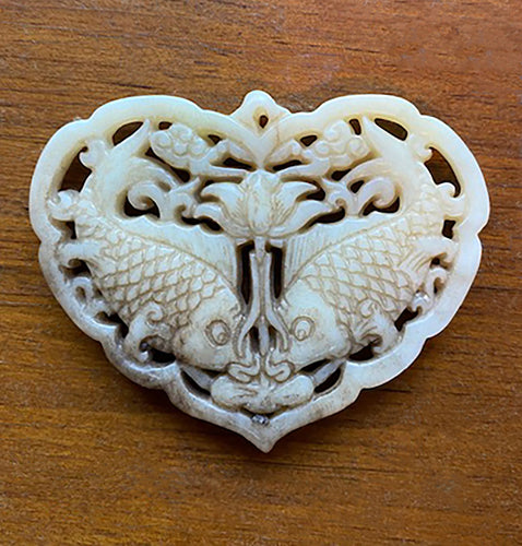 Carved Jade Old Focal Bead of Kissing Fish