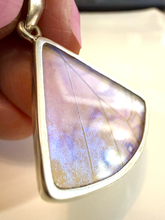 Load image into Gallery viewer, Butterfly Wing Pearl Blue Morpho Butterfly Pendant in a Fan Shape