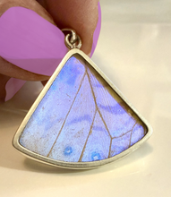 Load image into Gallery viewer, Butterfly Wing Pearl Blue Morpho Butterfly Pendant in a Fan Shape