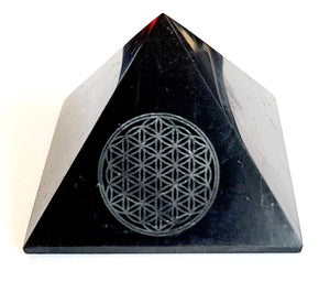Shungite Pyramid with engraved Flower of Life 2.75 inch base