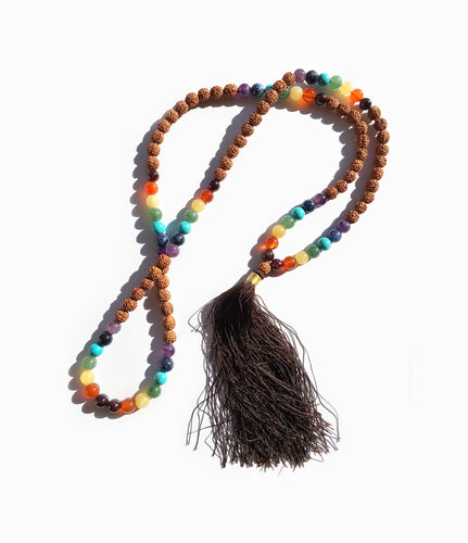 Chakra Gems Rudraksha 8.5mm 108 Bead Mala with 4.5 inch Dark Brown Tassel