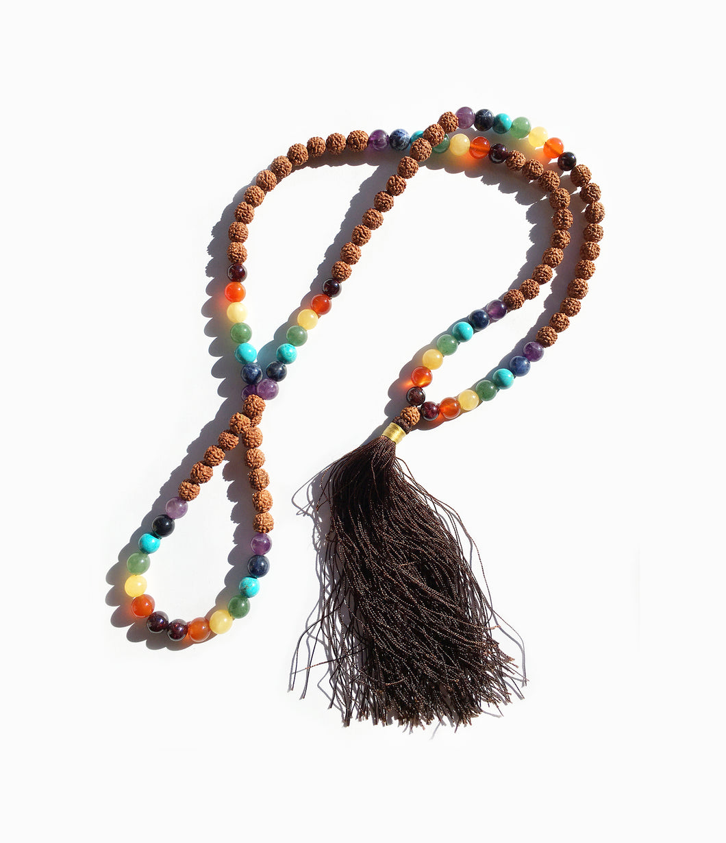 Chakra Gems Rudraksha 8.5mm 108 Bead Mala with 4.5 inch Dark Brown Tassel
