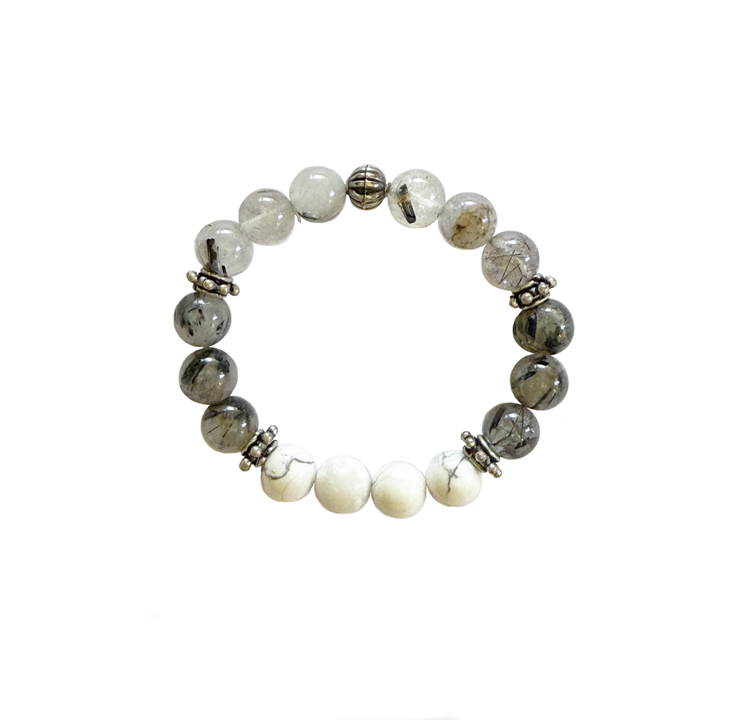 Tourmilated Quartz and Howlite Stretch Bracelet 8mm Round Beads