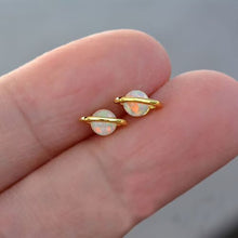 Load image into Gallery viewer, White Fire Opal Earrings 18k Gold Plated Planet Saturn Stud Earrings