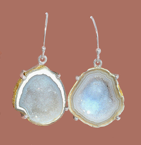 Glittery Druzy Quartz Geode Earrings with Silver Ear Wires