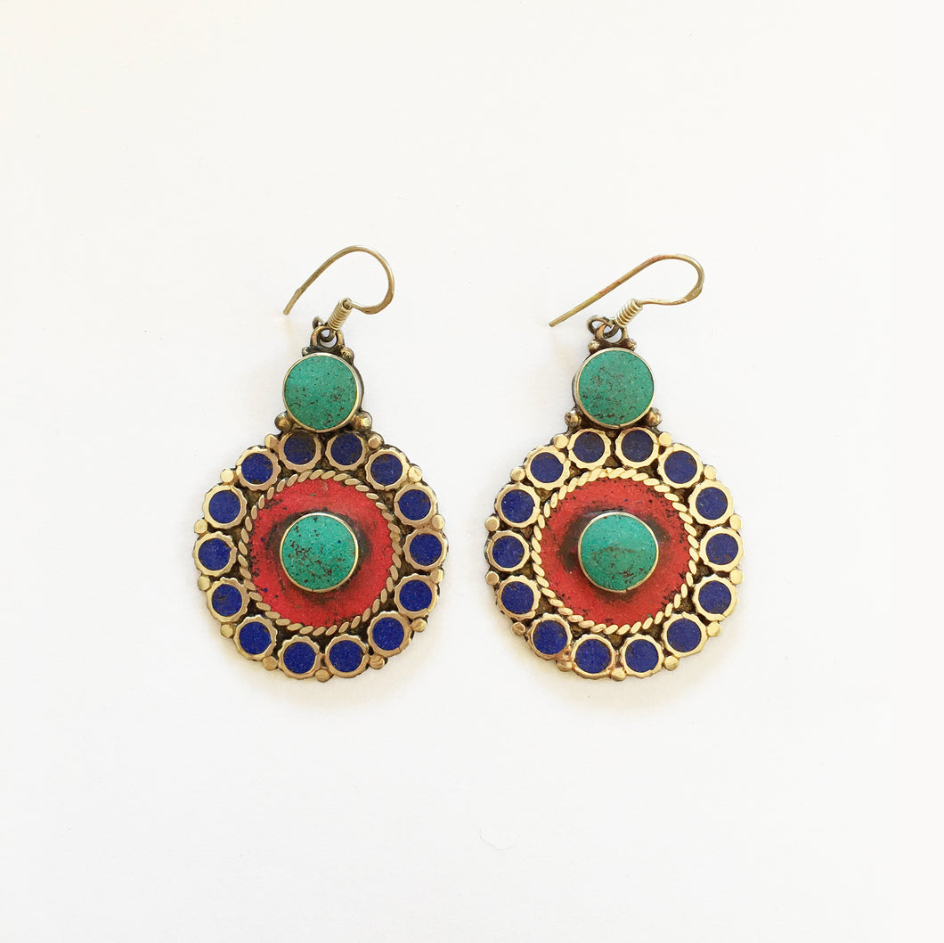 Vintage Nepalese Earrings of Tibetan Silver, Red Coral, Lapis Lazuli and Turquoise