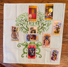Load image into Gallery viewer, Tree of Life and Love on Blue Cotton Tarot Cloth by Kyle MacDuggall