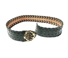 Load image into Gallery viewer, Boho Leather Belt in Basil Green with whip stitching design.  M/L