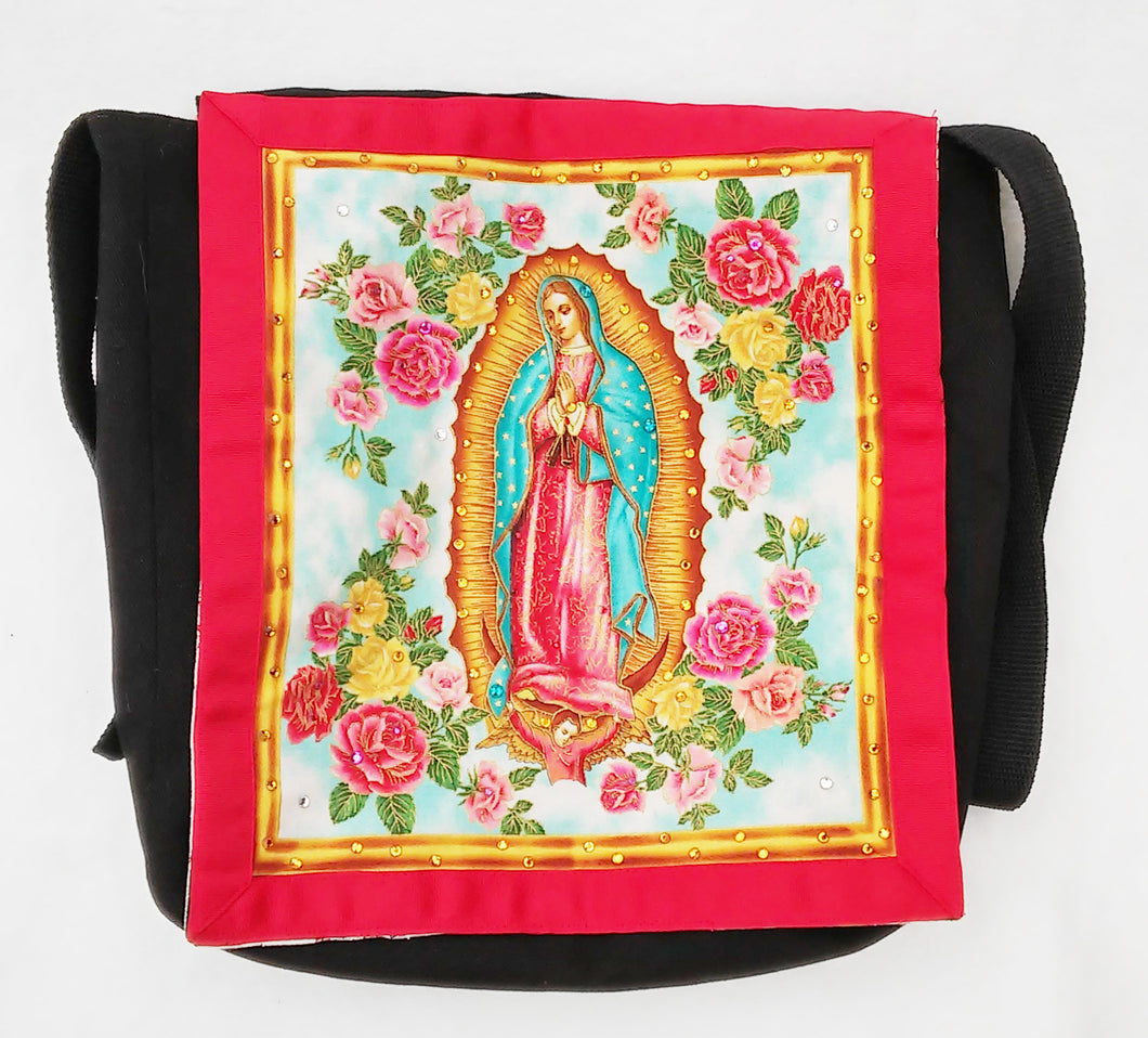 Guadalupe with Embellished Roses Cotton Black Denim Messenger Bag