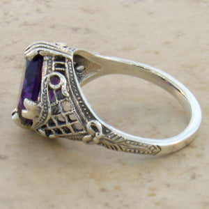 Amethyst Ring Retro Design Sterling Silver Filigree Setting - Size 6.25 Ring