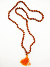 Load image into Gallery viewer, Rudraksha Mala with Orange Tassel Knotted 10mm Beads