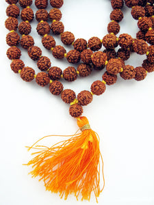 Rudraksha Mala with Orange Tassel Knotted 10mm Beads