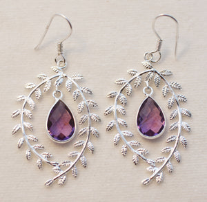 Amethyst Earrings: Faceted Briolettes Dangling Within Silver Wreaths